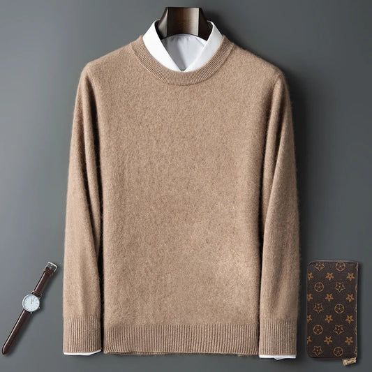 100% Pure Mink Cashmere Men's Round Neck Sweater For Autumn Winter, Casual Knitted Long Sleeved Pullover Sweater Men's Clothng