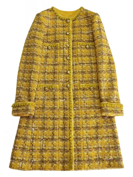 Autumn Winter Women Yellow Grid Round Neck Long Style Designer Handmade Vintage Slim Fit Type Elegant Office Lady Two Piece Set