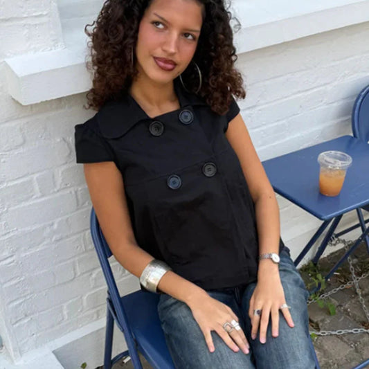 Solid color button short sleeved polo neck T-shirt with waist cinching and wide hem, American casual women's shirt