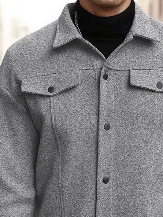 Autumn New Men's Woolen Jacket Solid Color Jacket Coat Collar Button Front Flip Pocket Coat