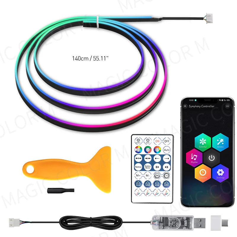 Vgetting 140/55.1inch Car Ambient Lights 2in1 Universal LED Symphony RGB Atmosphere Lamp USB APP Remote for Tesla Model 3 Y S X