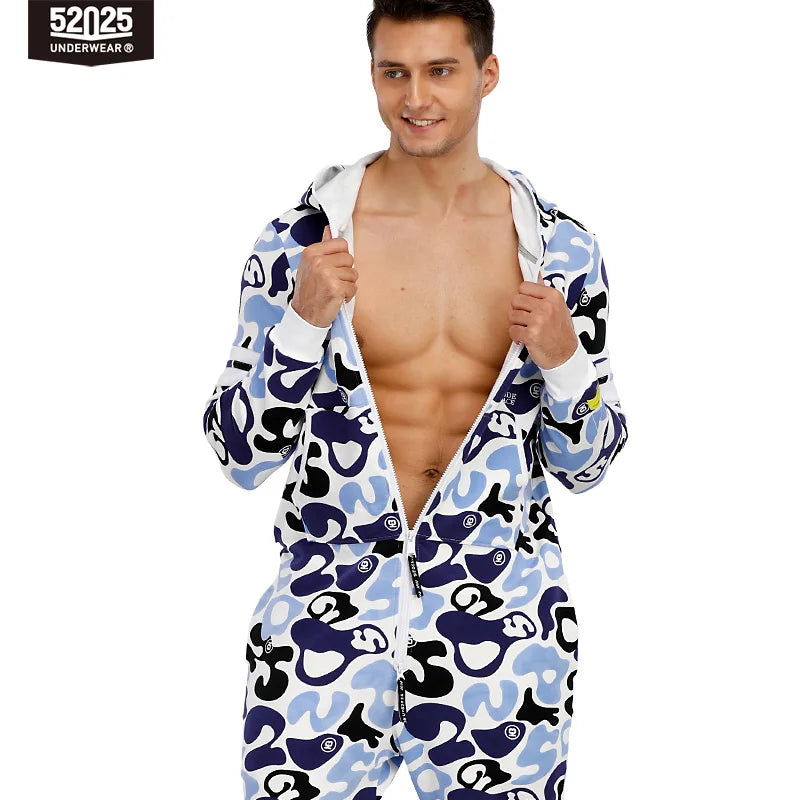 52025 Men's Hooded Camouflage Jumpsuit – One-Piece Cotton Pajamas, Cozy Homewear Lounge Onesie, Stylish Hooded Pajama Set