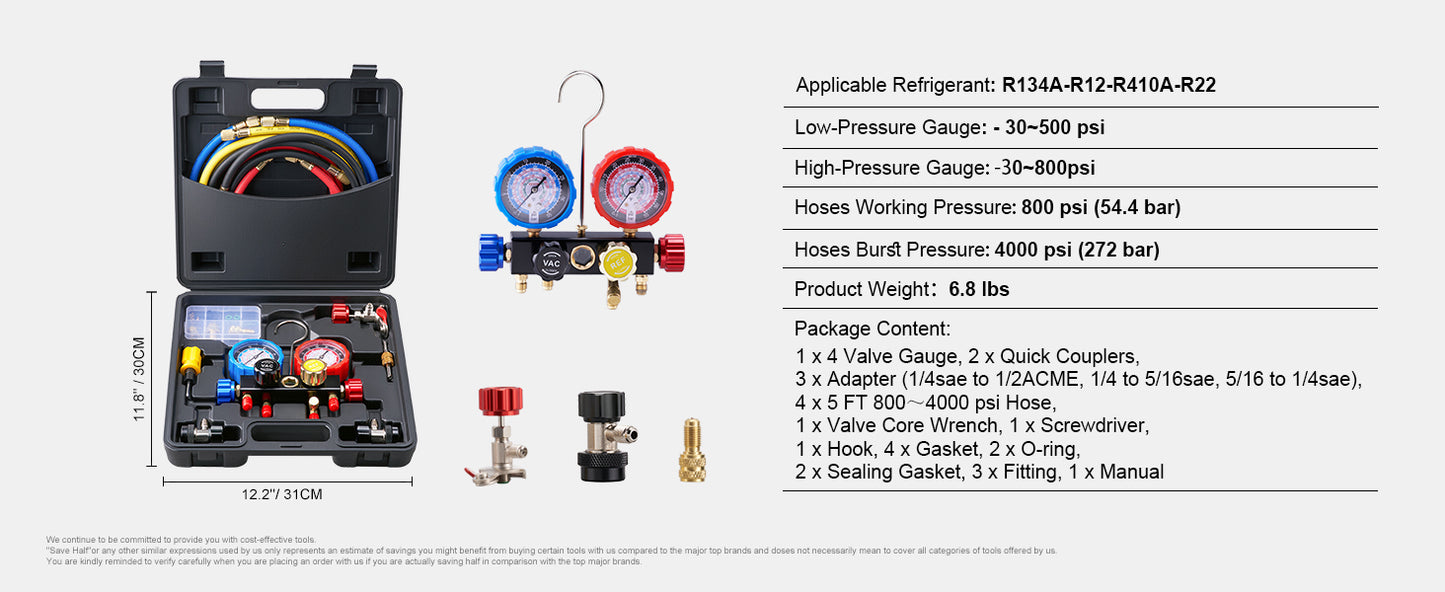SucceBuy 4 Way AC Gauge-AC Manifold Gauge Set with 5ft Hoses for R134A/R22/R12/R410A Work on Car Freon Charging and Evacuation