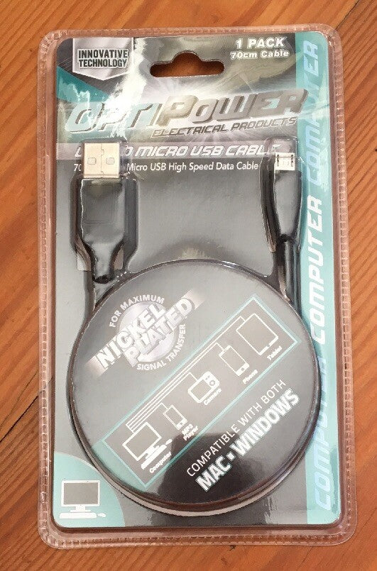 Opti Power Black 70cm USB A to Micro B Male Cable Brand New