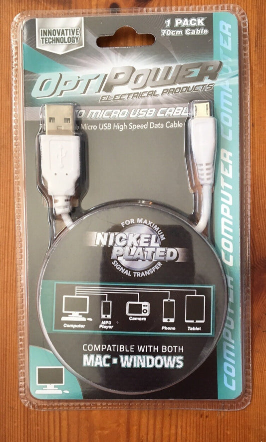 Opti Power White 70cm USB A to Micro B Male Cable Brand New Sealed