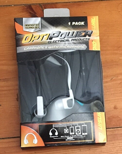 Opti Power Black/White 1m 3.5mm jack Headphones with Mic Cable Brand New