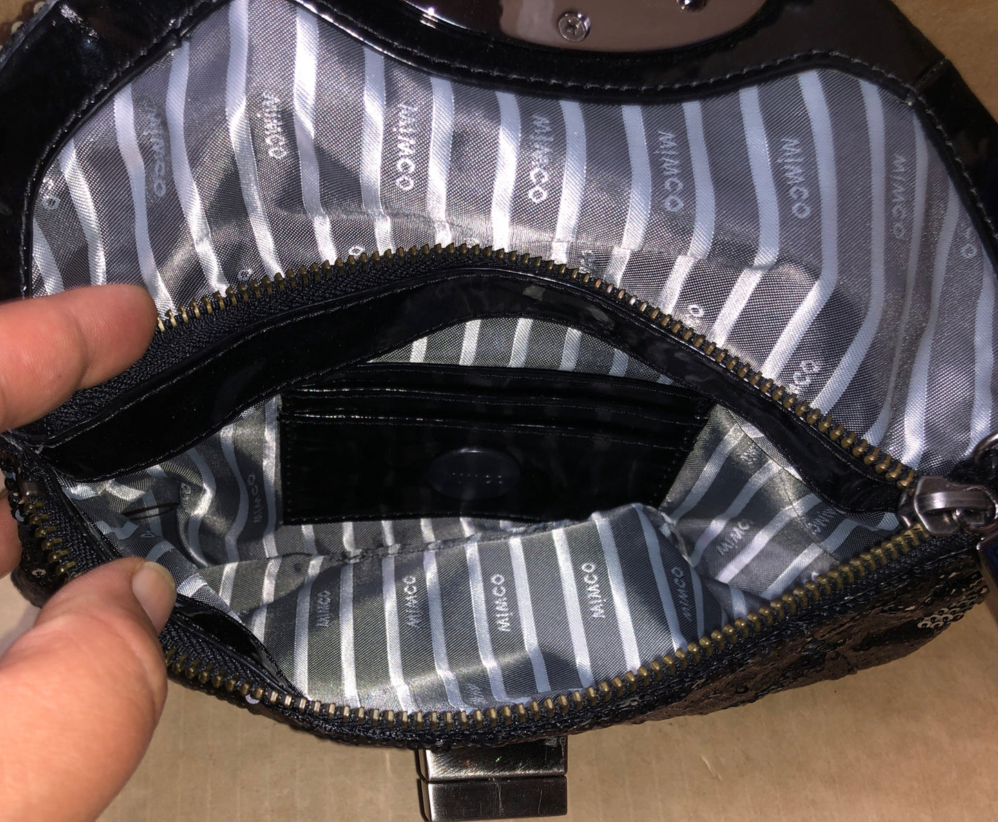 M626 Mimco sequin Black Clutch Handbag Purse In Good Condition + Free Post