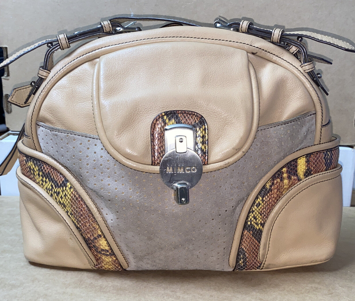 M646 Mimco Large Handbag Beige Tan Brown colour In Good Condition + Free Post