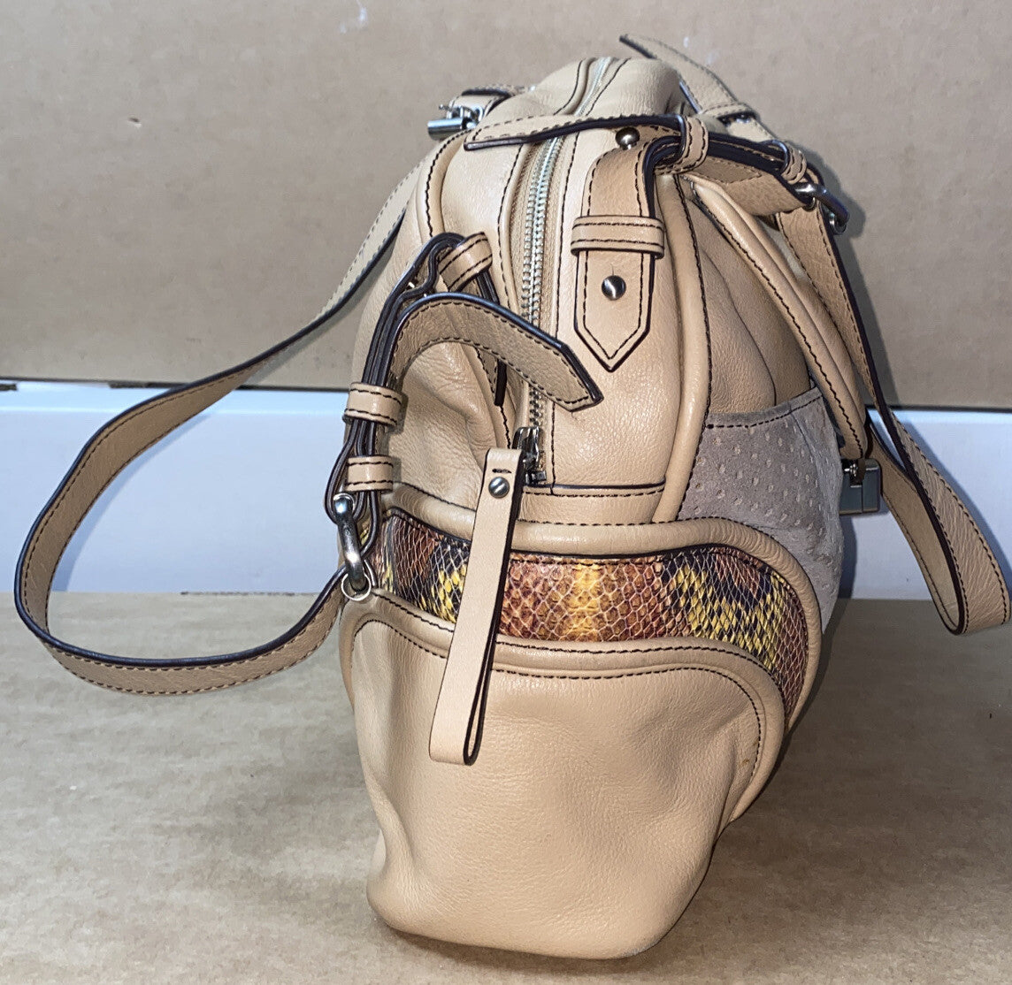 M646 Mimco Large Handbag Beige Tan Brown colour In Good Condition + Free Post