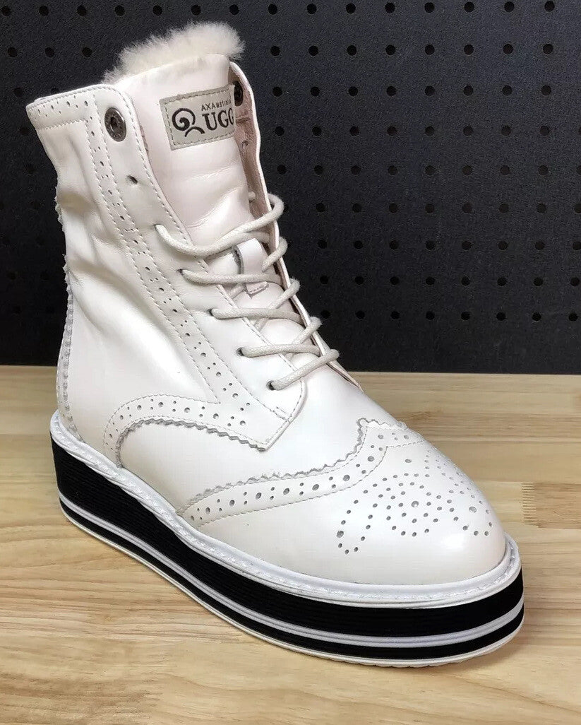 AXA UGG Boots Sheepskin Wool Insole Lace Up White Leather Sizing 4 Mens 6 Womens