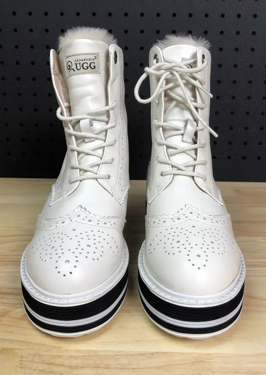 AXA UGG Boots Sheepskin Wool Insole Lace Up White Leather Sizing 4 Mens 6 Womens