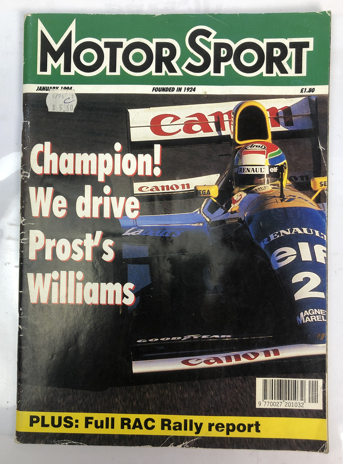Motor Sport January 1994 Magazine Vintage In OK Condition