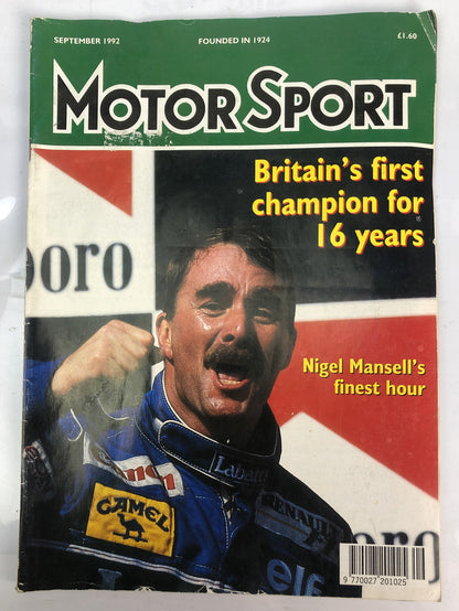 Motor Sport September 1992 Magazine Vintage In OK Condition