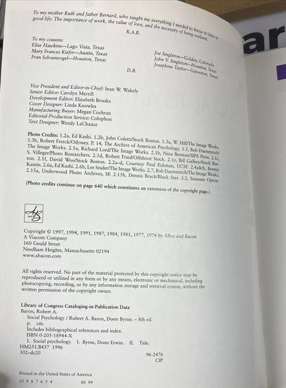 Social Psychology Baron Byrne 8th Edition Text Book In VGC