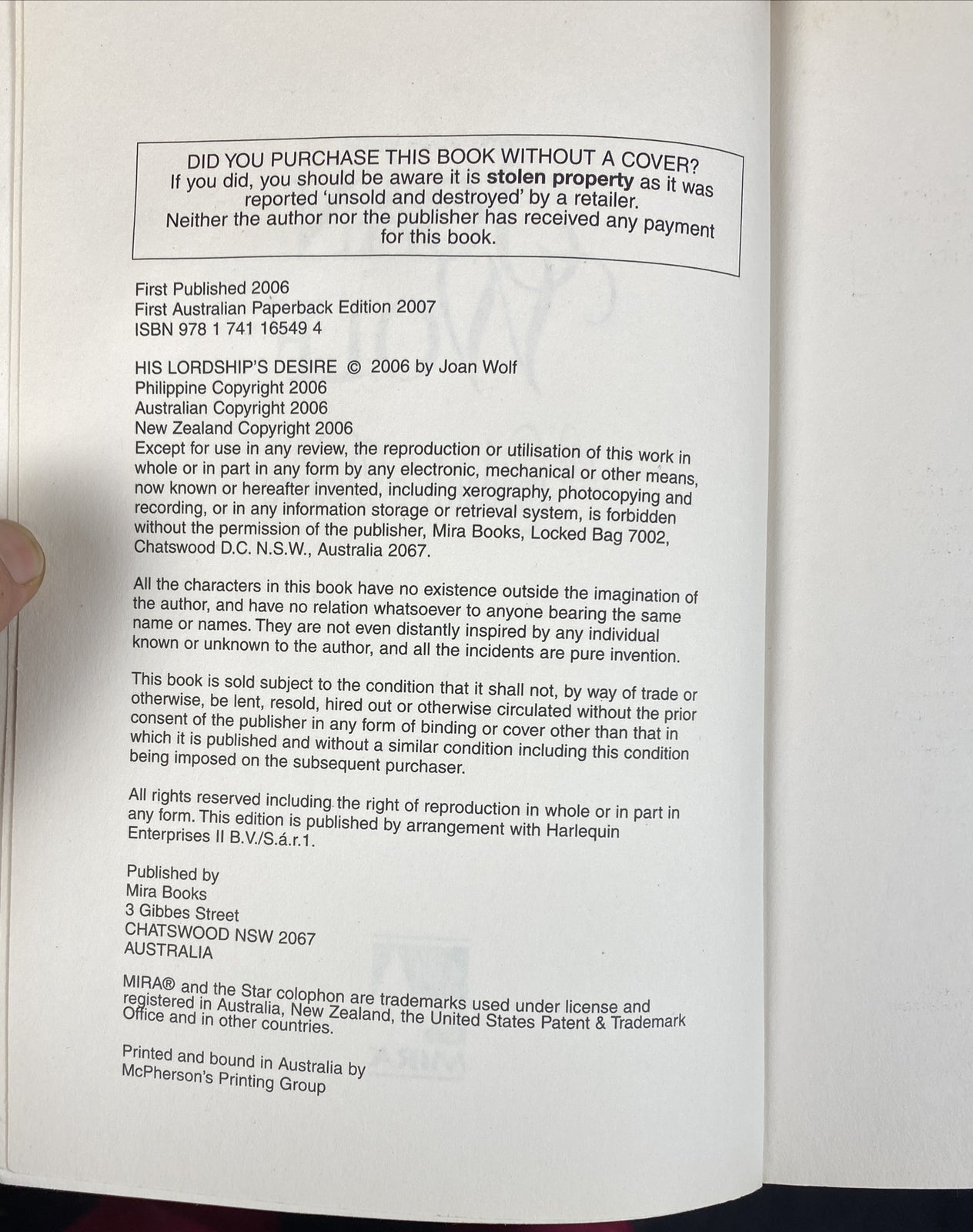 His Lordship's Desire Joan Wolf Novel In Good Condition