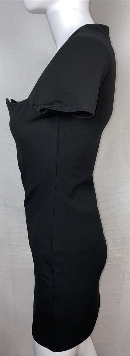 Pretty Little Thing Black Short Sleeve V Plunge Bodycon Dress Size 8 New F451