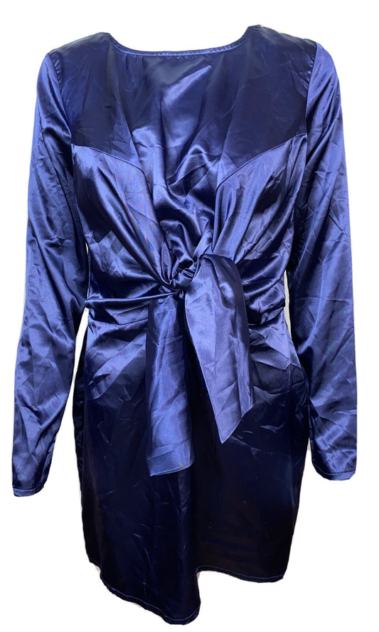 Missguided Silky Tie Front Long Sleeve Shift Dress Navy Size 10 New Tags F452