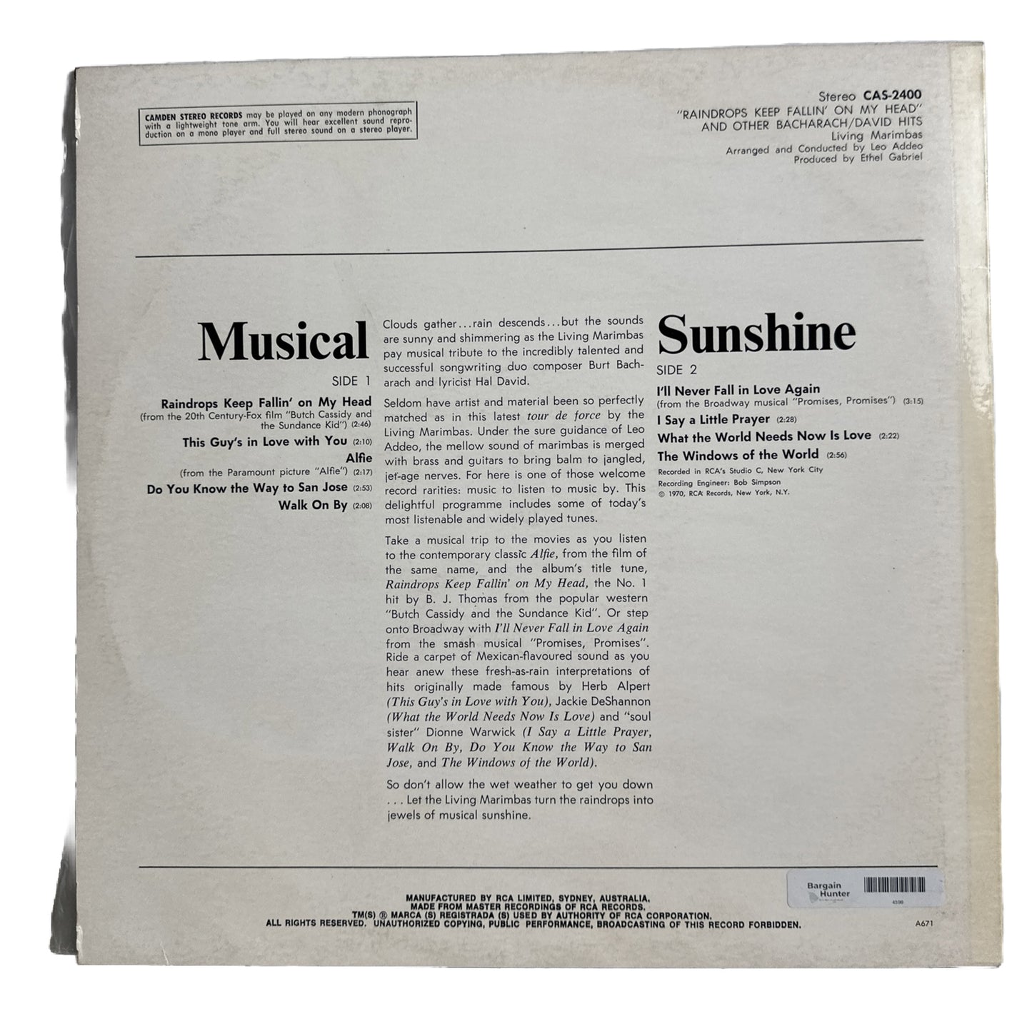 Raindrops Keep Fallin’ On My Head And Other Bacharach & David - Record Vinyl LP