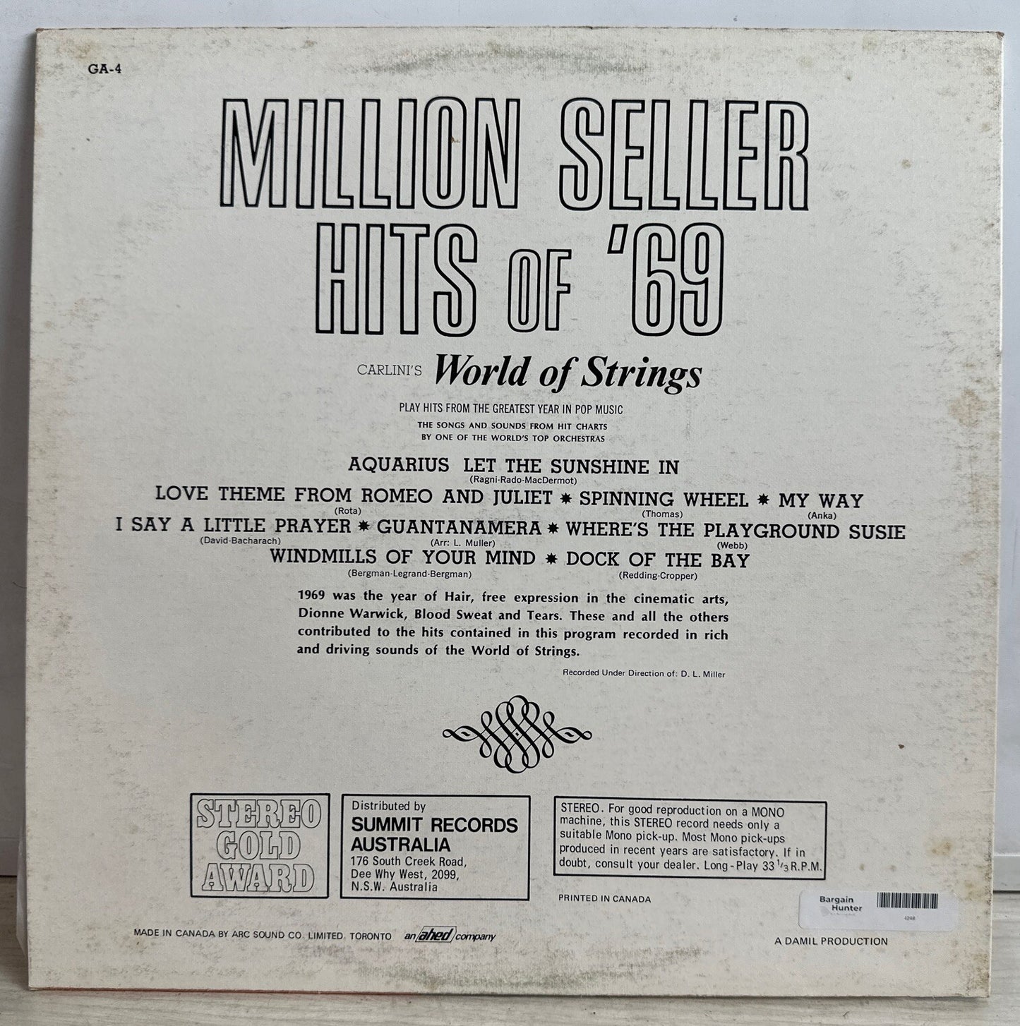 Carlini's World of Strings Million Sellers of The 69's -12" Record Vinyl LP 4248