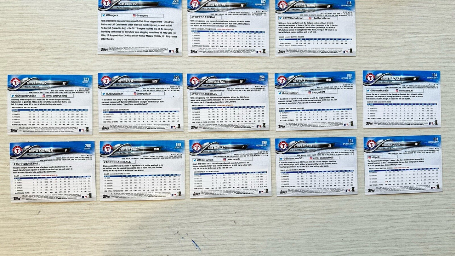 13 X Texas Rangers Topps Baseball Cards 2018 Collection In Good Condition 4181