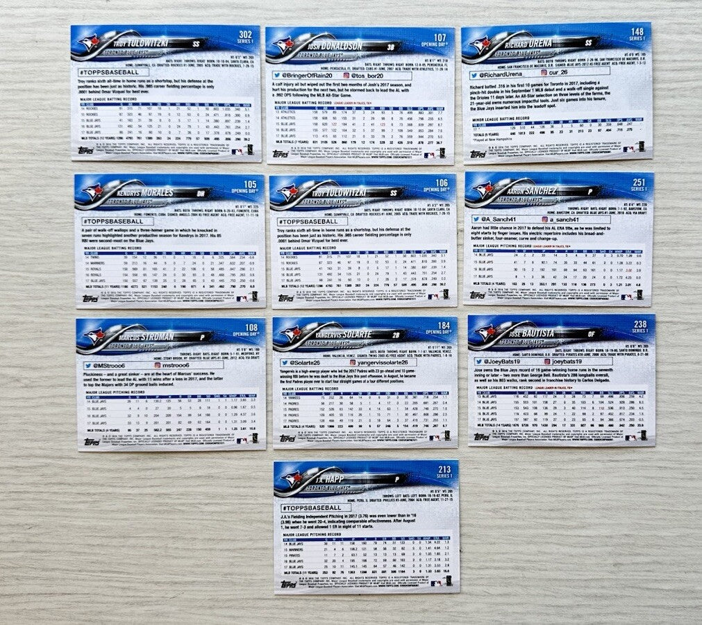 10 X Toronto Blue Jays Topps Baseball Cards 2018 Collection In Good Cond 4181