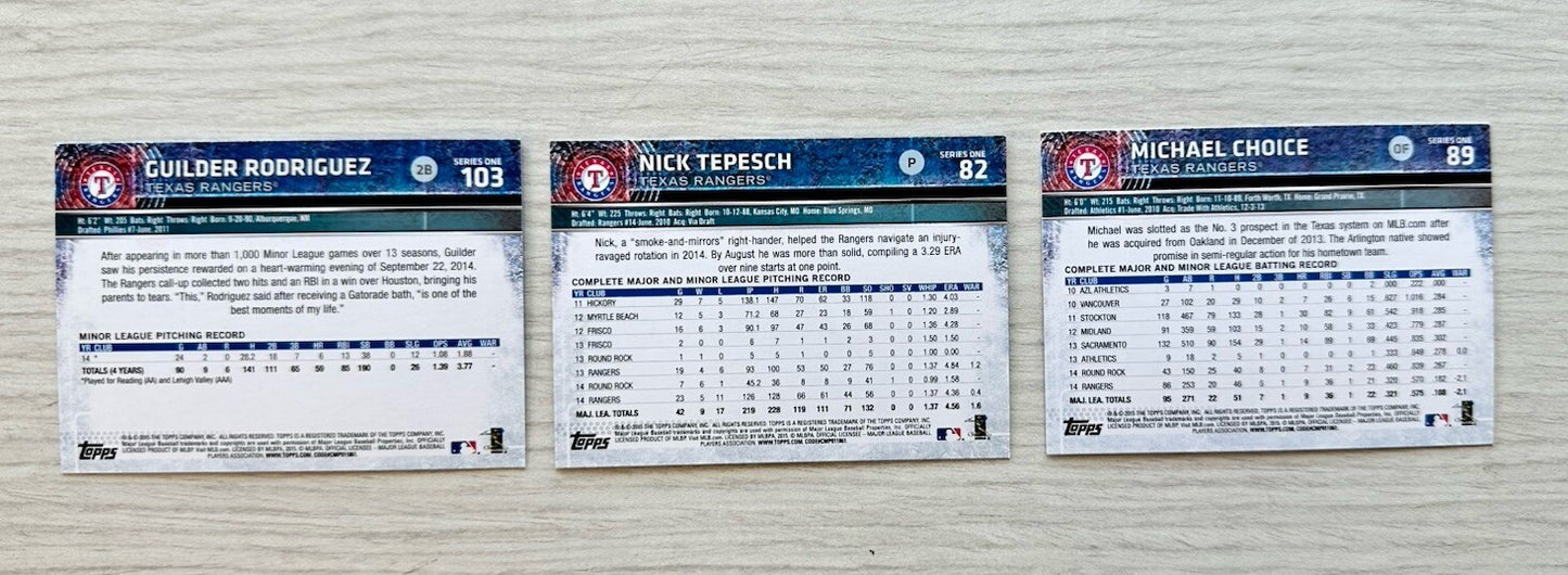 3 X Texas Rangers Topps Baseball Cards 2015 Collection In Good Cond 4178
