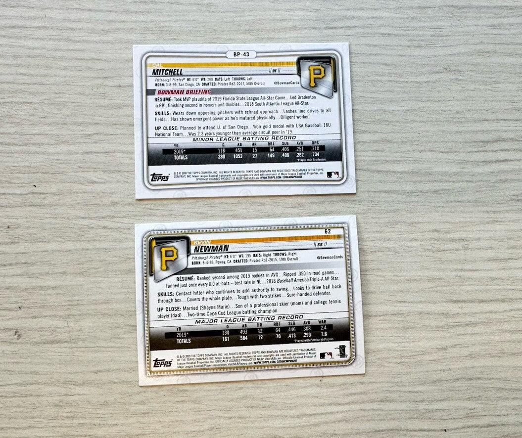 2 X Pittsburgh Pirates Topps Baseball Cards 2020 Collection In Good Cond 4180