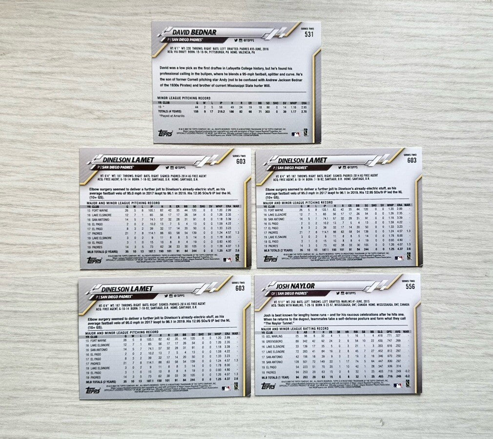 5 X San Diego Padres Topps Baseball Cards 2020 Collection In Good Cond 4177