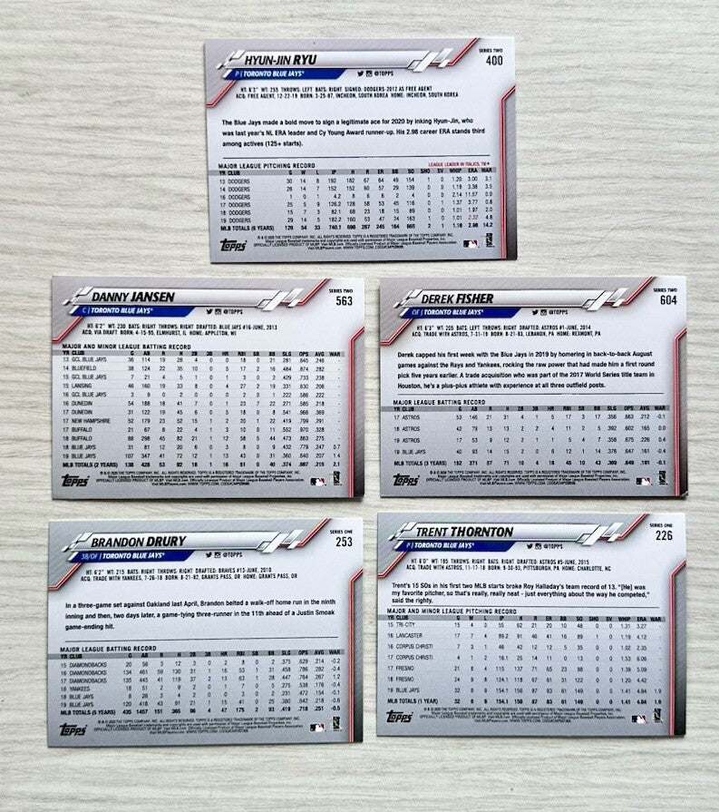 5 X Toronto Blue Jays Topps Baseball Cards 2020 Collection In Good Cond 4177