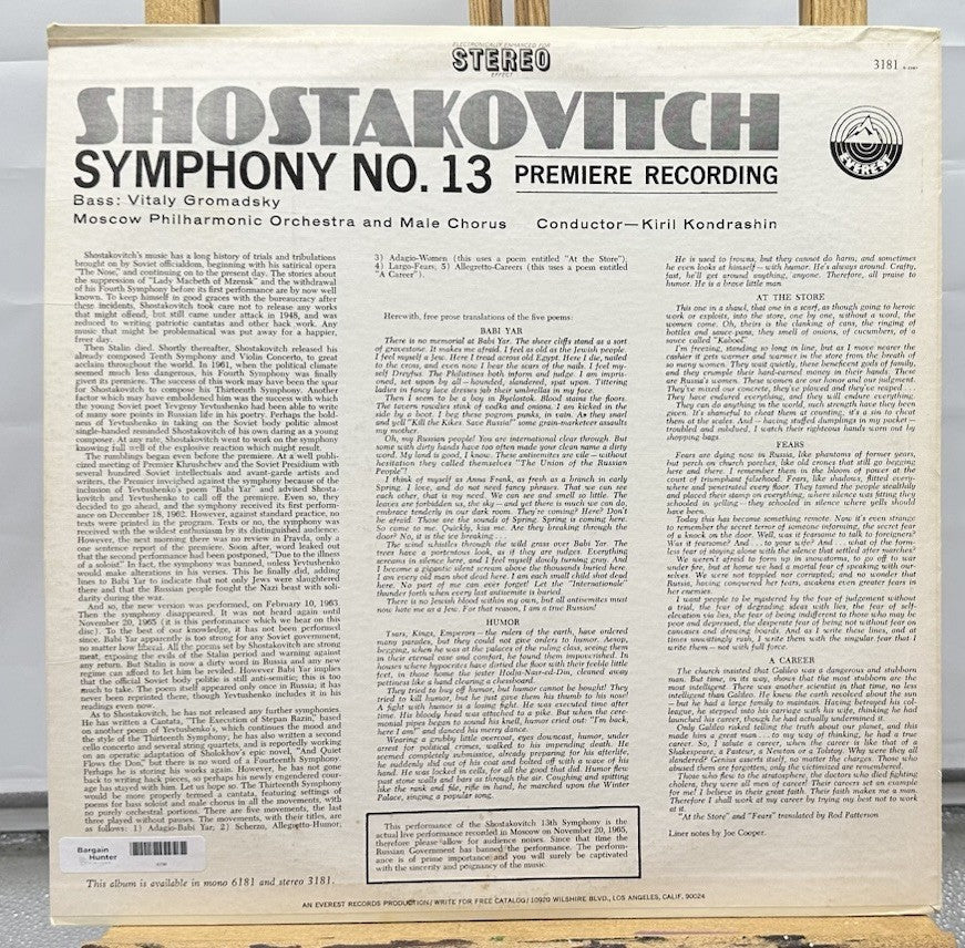 Shostakovitch Symphony No. 13 Moscow Philharmonic Record In Good Condition 6798