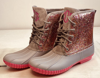 Marley Lilly Women's Pink Grey Sparkly Duckboots Size 10 Weatherproof Rain Boots