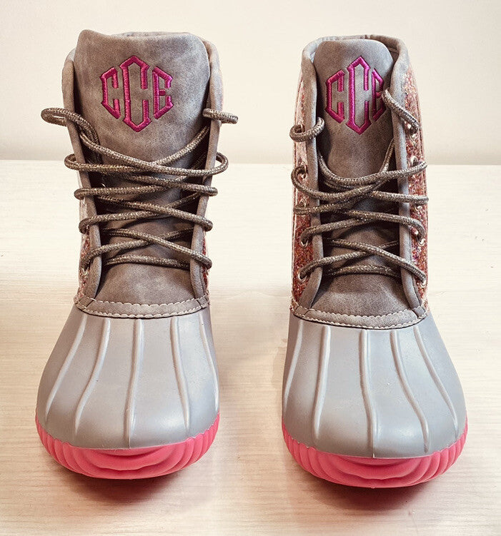 Marley Lilly Women's Pink Grey Sparkly Duckboots Size 10 Weatherproof Rain Boots