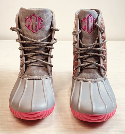 Marley Lilly Women's Pink Grey Sparkly Duckboots Size 10 Weatherproof Rain Boots