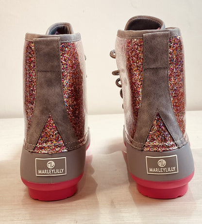 Marley Lilly Women's Pink Grey Sparkly Duckboots Size 10 Weatherproof Rain Boots