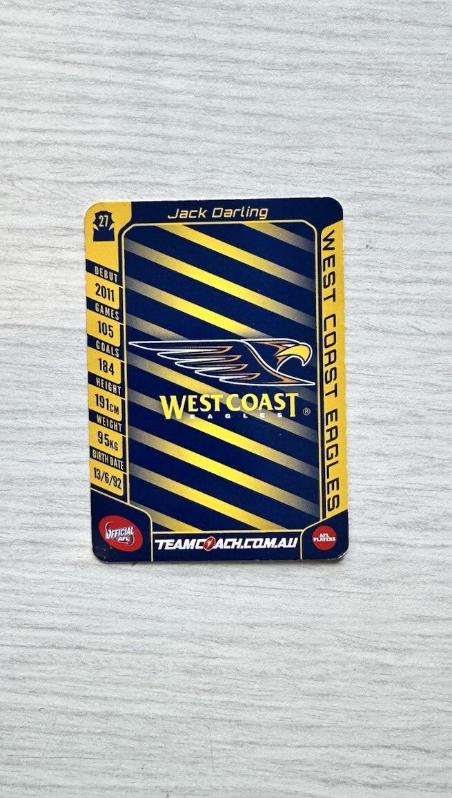Jack Darling - West Coast Eagles AFL Football Team 2016 Trading Card In GC 6387