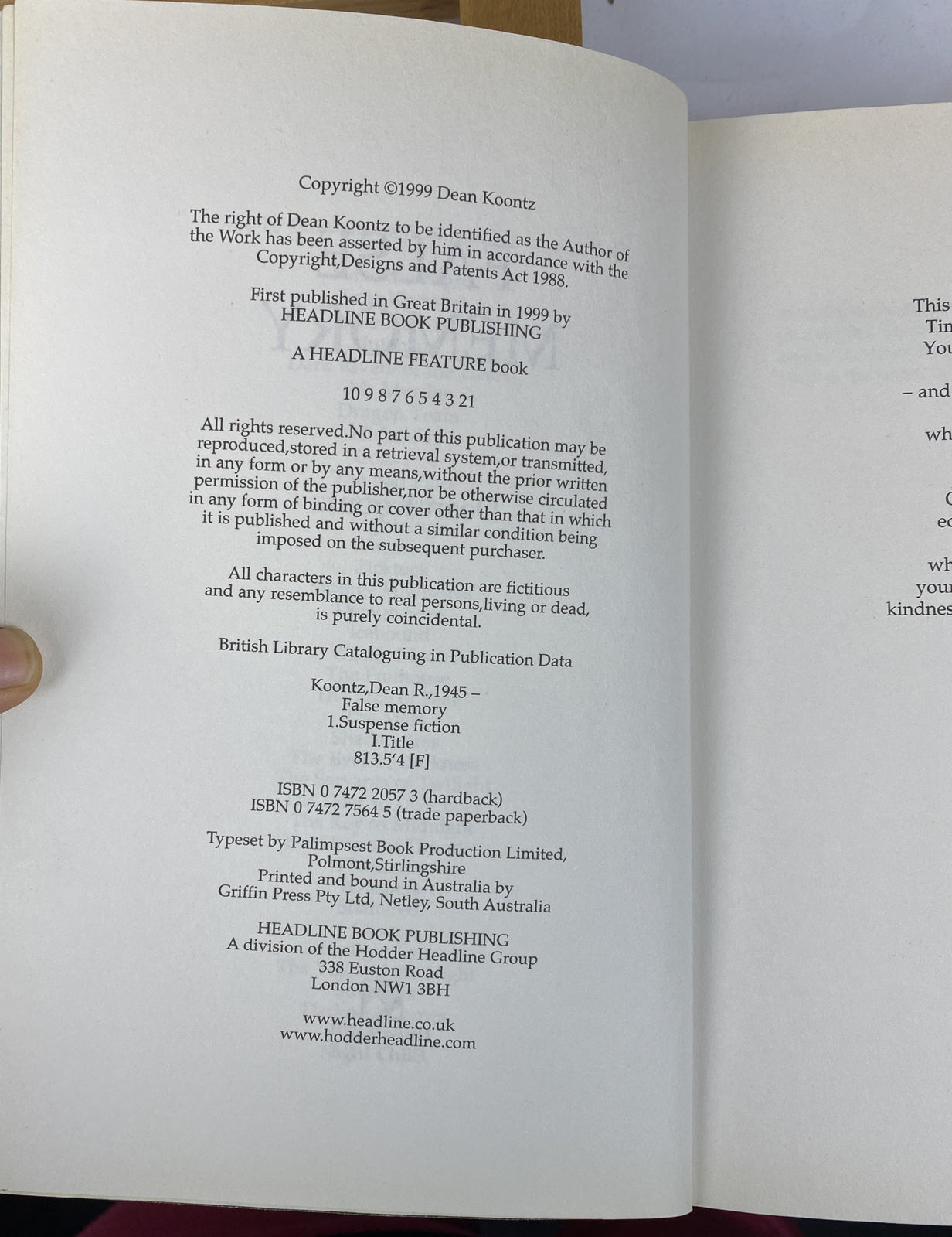 False Memory Deab Koontz Novel In Good Condition