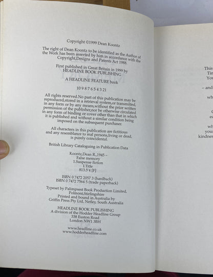 False Memory Deab Koontz Novel In Good Condition