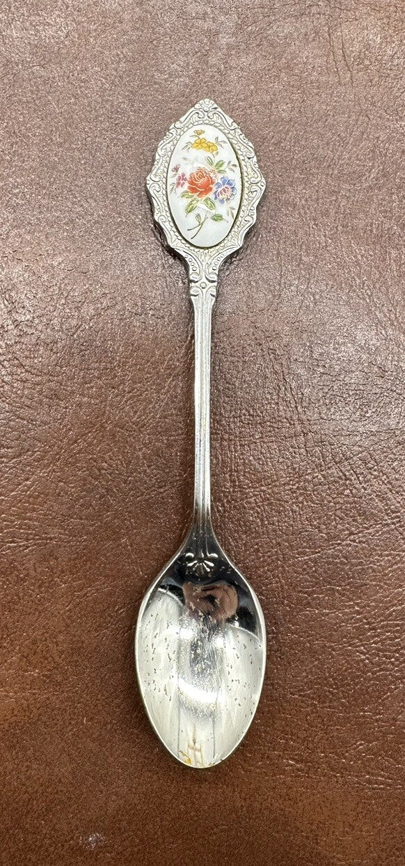 Souvenir Spoon Porcelain Roses, silver plated In OK Cond