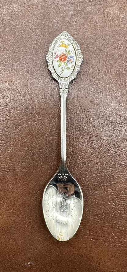 Souvenir Spoon Porcelain Roses, silver plated In OK Cond