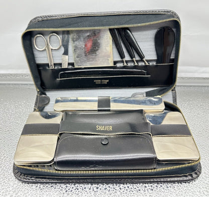 Vintage Western Germany Ground Leather Chrome Vanity Travel Kit In GC 4448