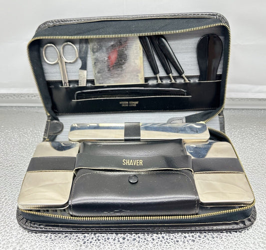 Vintage Western Germany Ground Leather Chrome Vanity Travel Kit In GC 4448