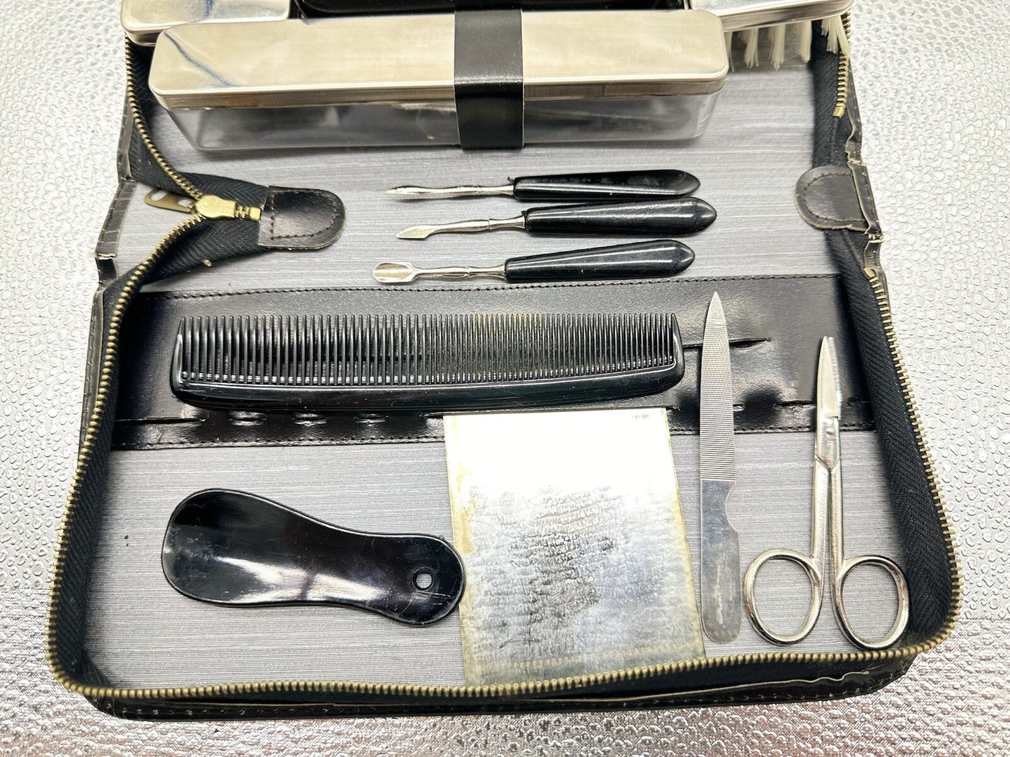 Vintage Western Germany Ground Leather Chrome Vanity Travel Kit In GC 4448