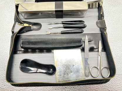Vintage Western Germany Ground Leather Chrome Vanity Travel Kit In GC 4448