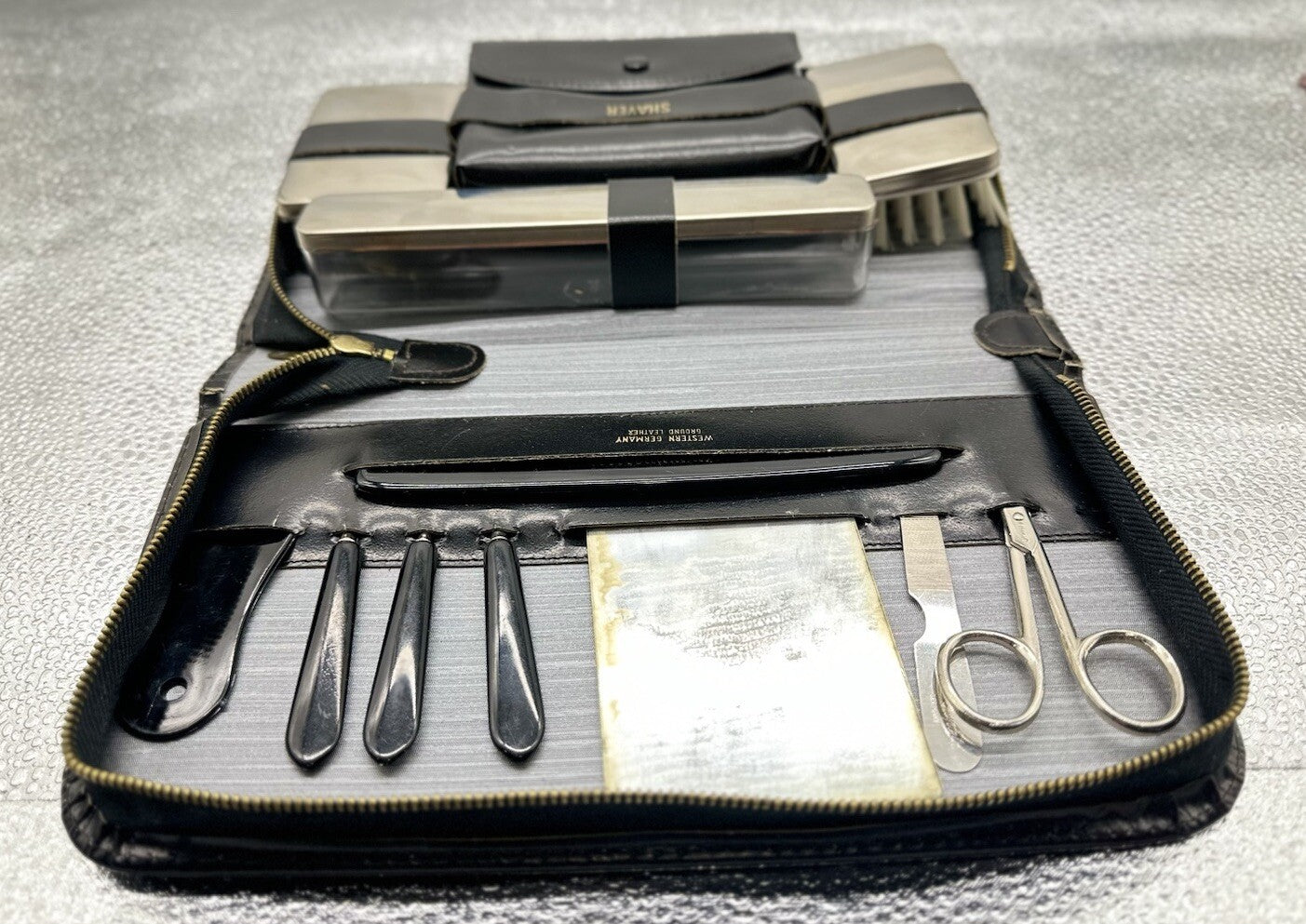 Vintage Western Germany Ground Leather Chrome Vanity Travel Kit In GC 4448