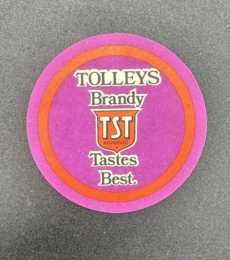 TOLLEYS TST BRANDY DRINKS & BEER COASTER BARWARE c1970s SOUTH AUSTRALIAN