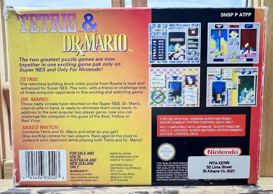 Tetris & Dr Mario Super Nintendo SNES AUS PAL Game Complete Damaged Box 10123