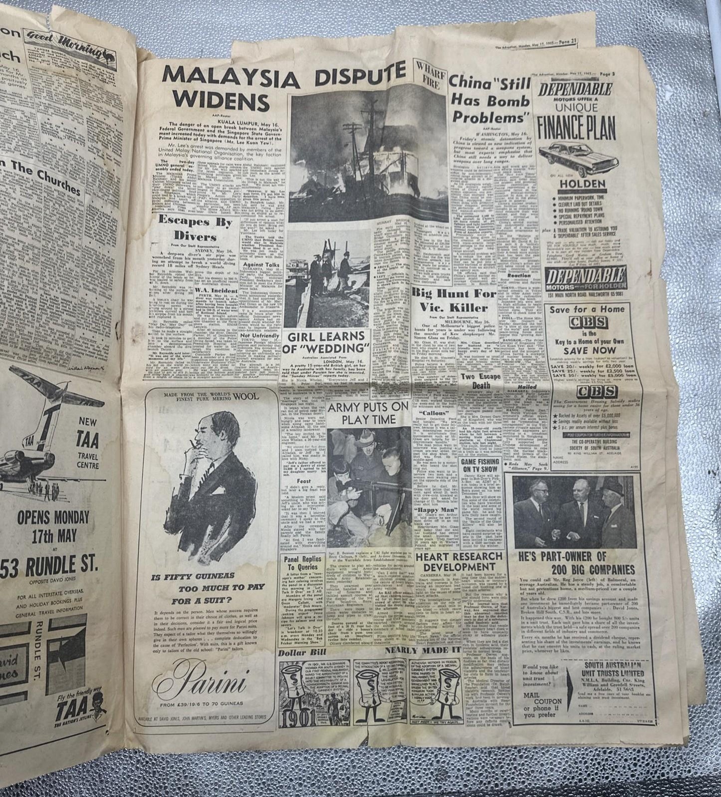 The Advertiser South Australia Adelaide Monday May  17 1965 Newspaper In OK Cond