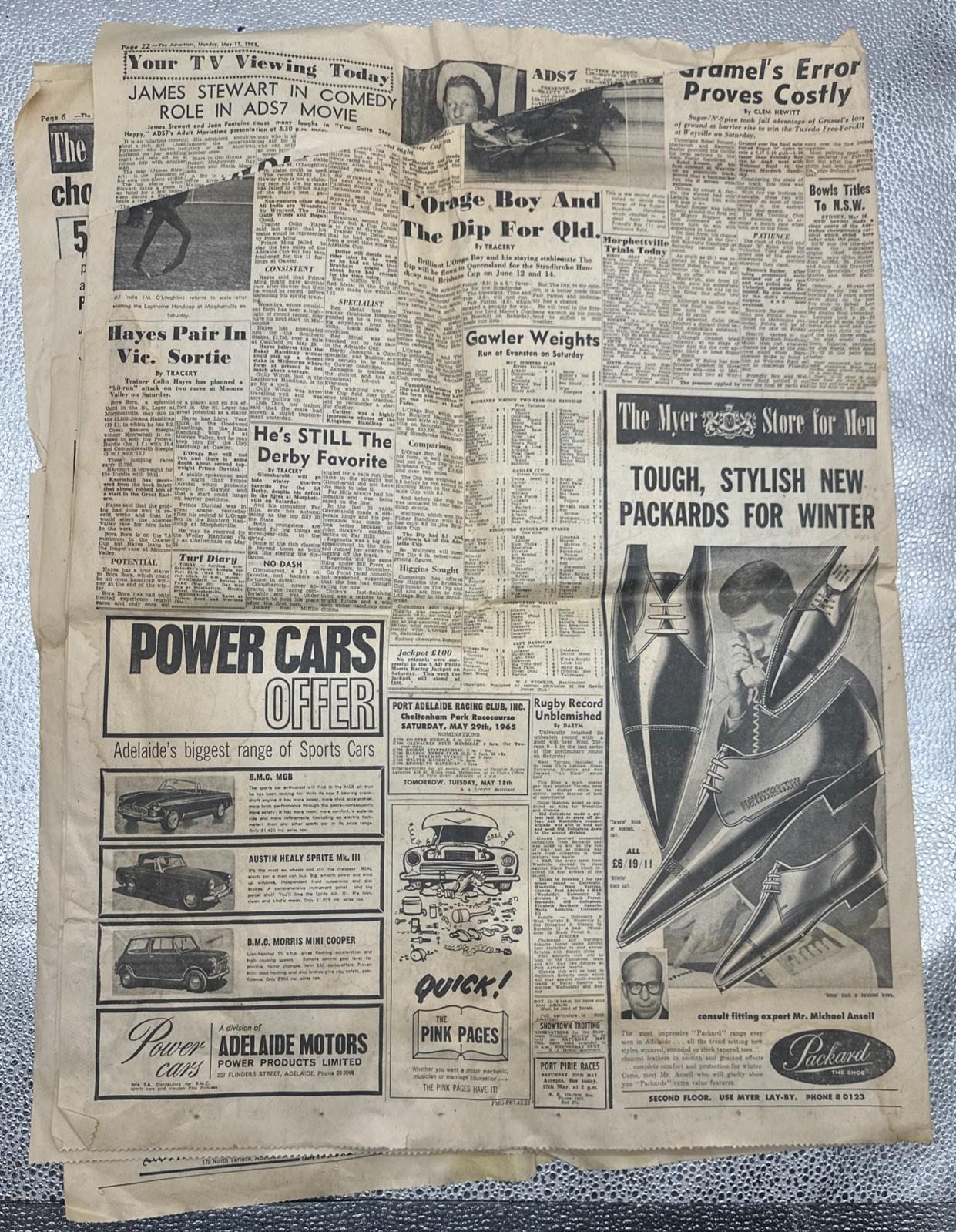 The Advertiser South Australia Adelaide Monday May  17 1965 Newspaper In OK Cond