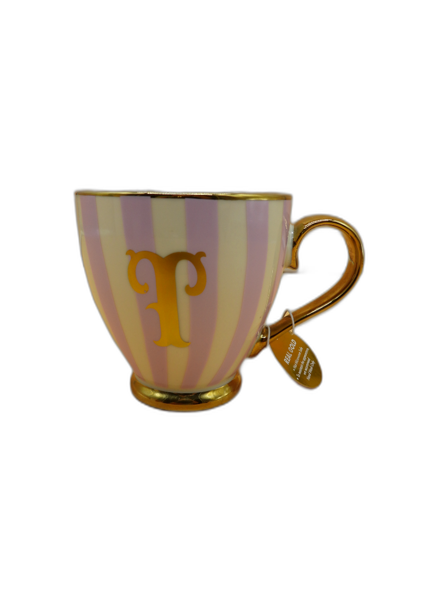 Striped Pink and White Mug With Gold Handle and Rim