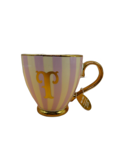 Striped Pink and White Mug With Gold Handle and Rim